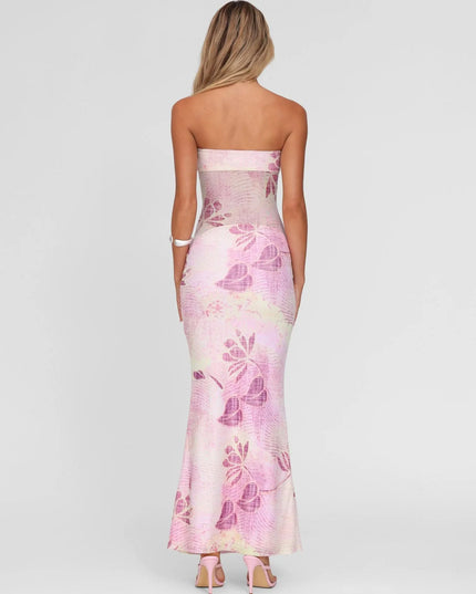 Back view of pink floral strapless maxi dress with straight neckline and full-length skirt