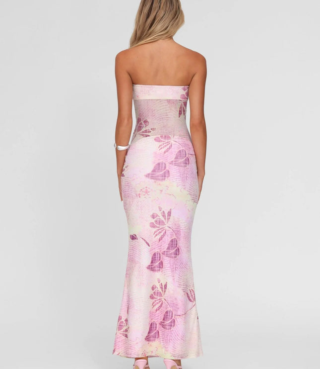 Back view of pink floral strapless maxi dress with straight neckline and full-length skirt