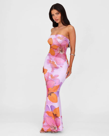 Lilac strapless floral maxi dress, full-length front view with pink and orange oversized flowers