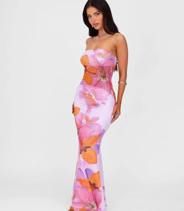 Lilac strapless floral maxi dress, full-length front view with pink and orange oversized flowers