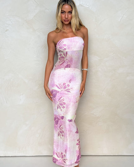 Pink and lavender floral strapless maxi dress, front view with fitted bodice and straight skirt