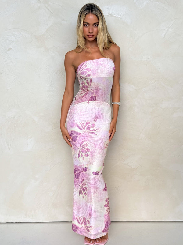 Pink and lavender floral strapless maxi dress, front view with fitted bodice and straight skirt