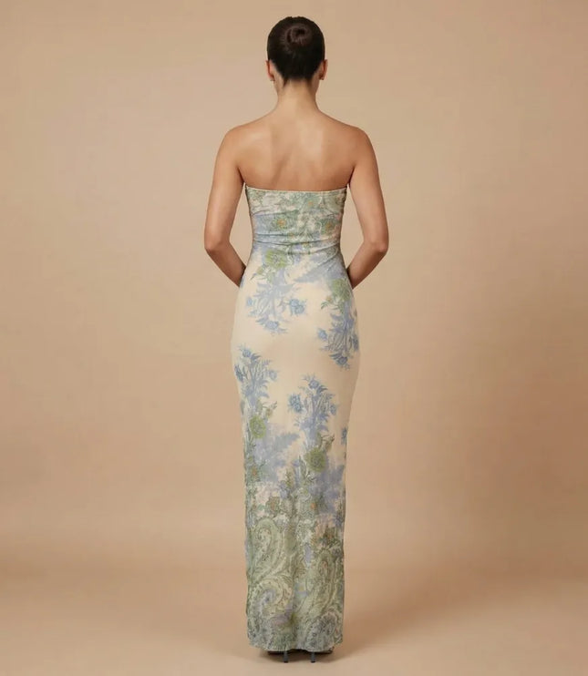 Back view of strapless printed maxi dress with fitted silhouette and floral pattern