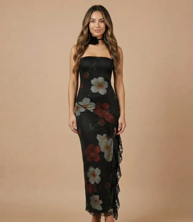 Black strapless printed maxi dress with floral print, side lace trim, and fitted shape