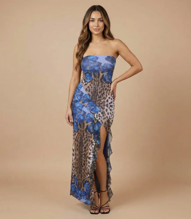 Blue and leopard print strapless maxi dress with side slit and ruffled hem