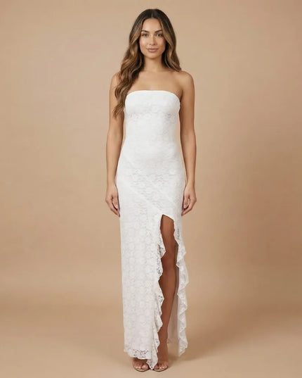 White strapless lace maxi dress with high side slit and ruffled front trim