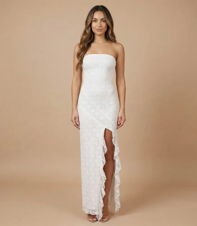 White strapless lace maxi dress with high side slit and ruffled front trim