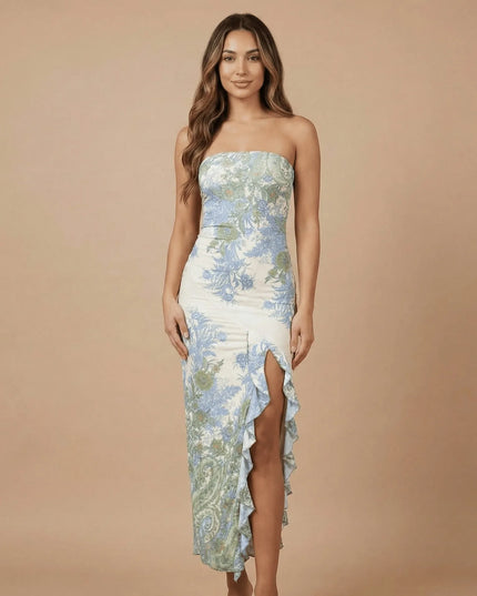Women strapless printed maxi dress in blue and green floral pattern with high slit