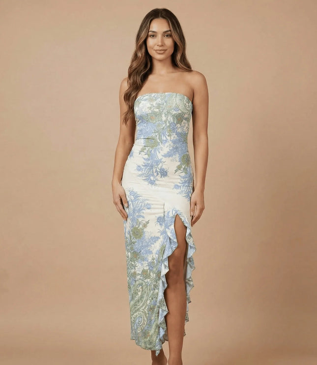 Women strapless printed maxi dress in blue and green floral pattern with high slit