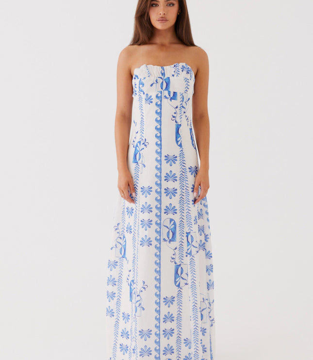 Women's Strapless Floral Ruched A-Line Maxi Dress for Summer