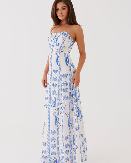 Women's Strapless Floral Ruched A-Line Maxi Dress for Summer