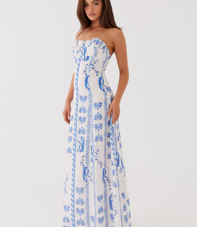 Women's Strapless Floral Ruched A-Line Maxi Dress for Summer