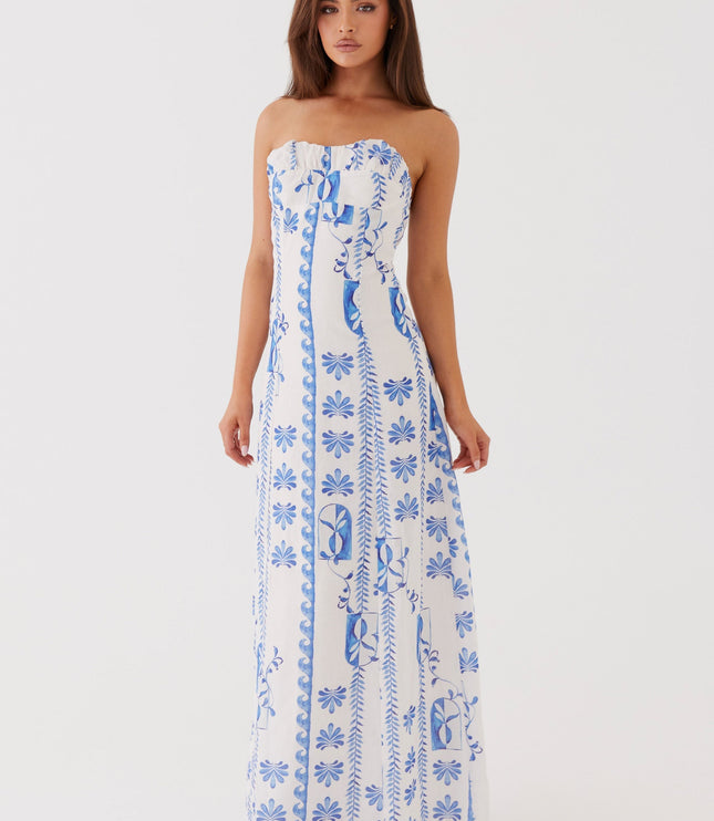Women's Strapless Floral Ruched A-Line Maxi Dress for Summer