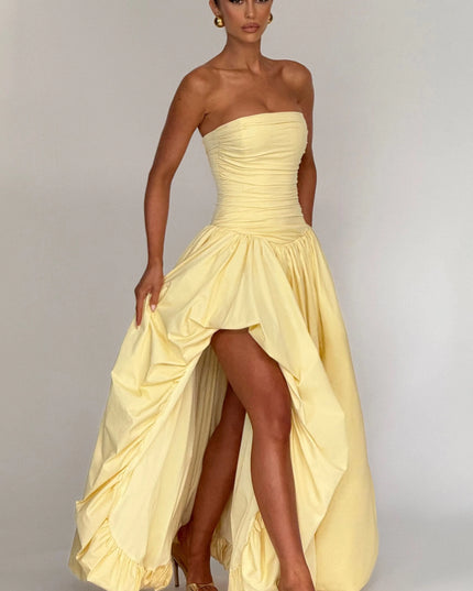 Front view yellow high-low maxi dress with ruched strapless neckline