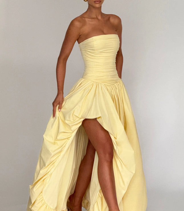 Front view yellow high-low maxi dress with ruched strapless neckline