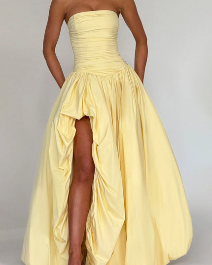 Yellow strapless maxi dress with gathered high-low hemline detail