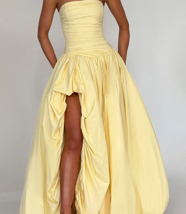 Yellow strapless maxi dress with gathered high-low hemline detail