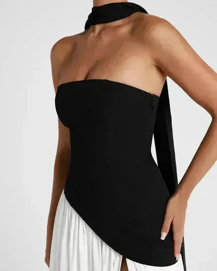 Black and white strapless maxi dress with high slit and choker neckline