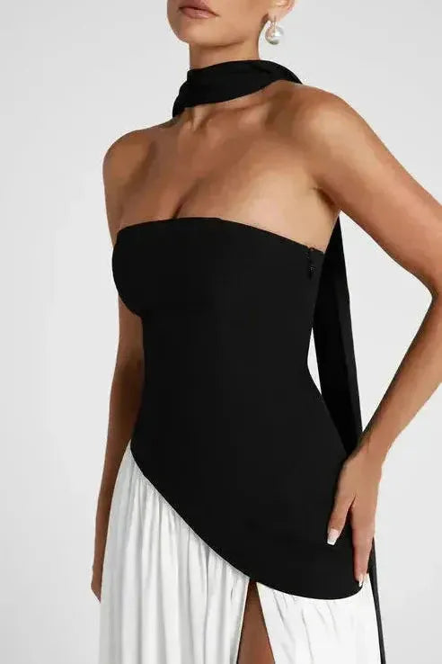 Black and white strapless maxi dress with high slit and choker neckline