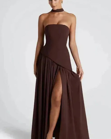 Burgundy strapless maxi dress with asymmetrical high slit and choker detail
