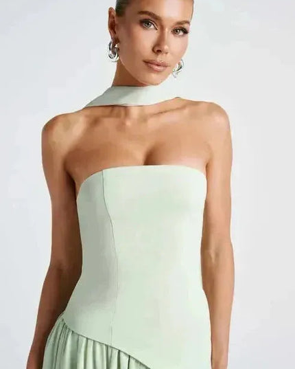 Pale green strapless maxi dress with choker neckline and asymmetrical high slit