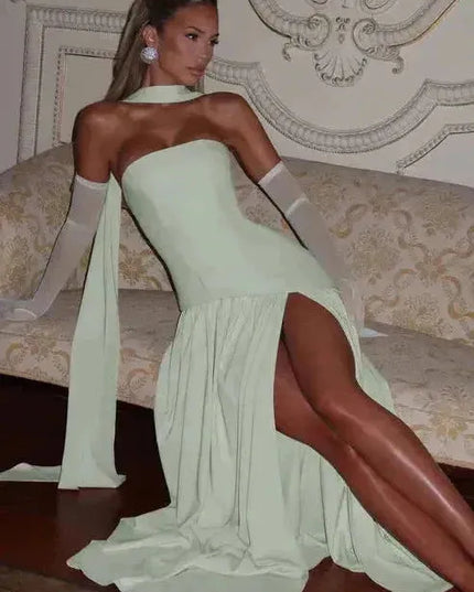 Cream strapless maxi dress with draped sleeves and high leg slit detail