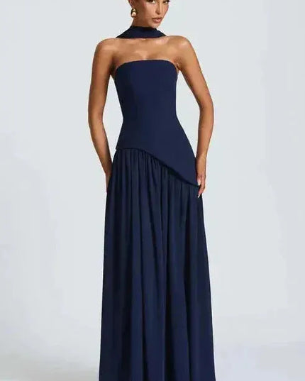 Navy blue strapless maxi dress with choker detail and high slit skirt