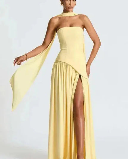 Yellow strapless maxi dress with choker collar and flowing high slit detail
