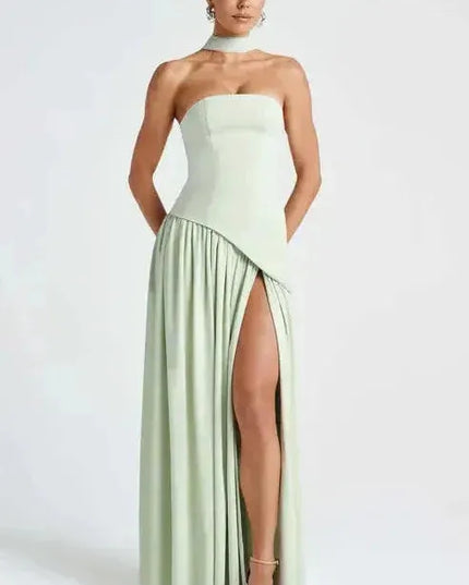 Cream strapless high slit maxi dress with wrapped bodice and pleated skirt