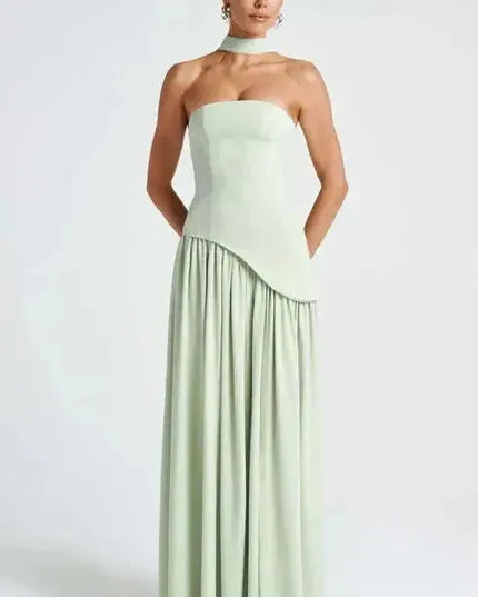 Sage green strapless maxi dress with high slit and asymmetrical neckline