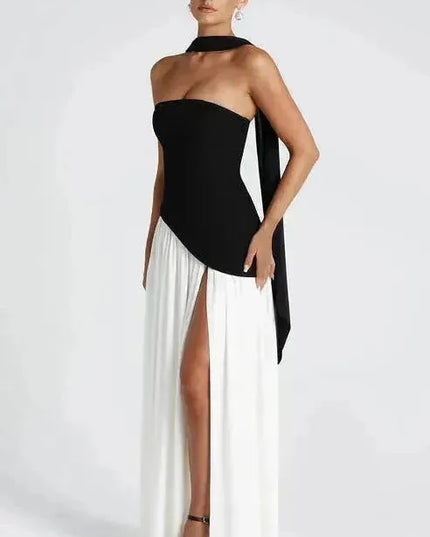 Black and white strapless maxi dress with high slit and draped neckline detail