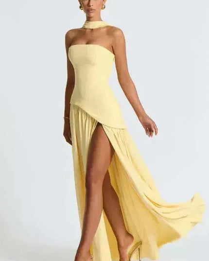 Yellow strapless high slit maxi dress with choker neckline and flowing train