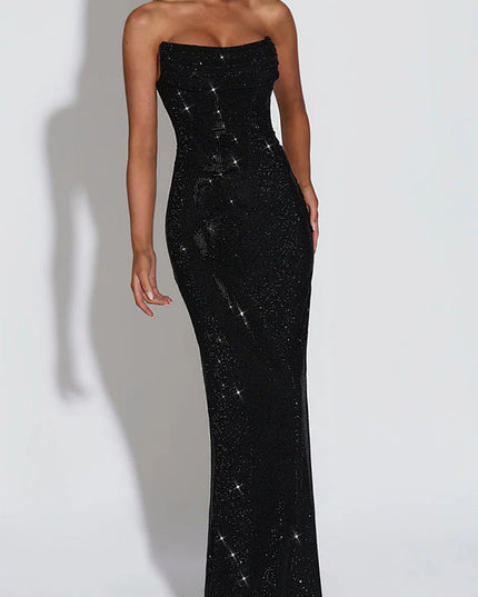 Women's Strapless Maxi Dress in Rhinestones with Cowl Neck