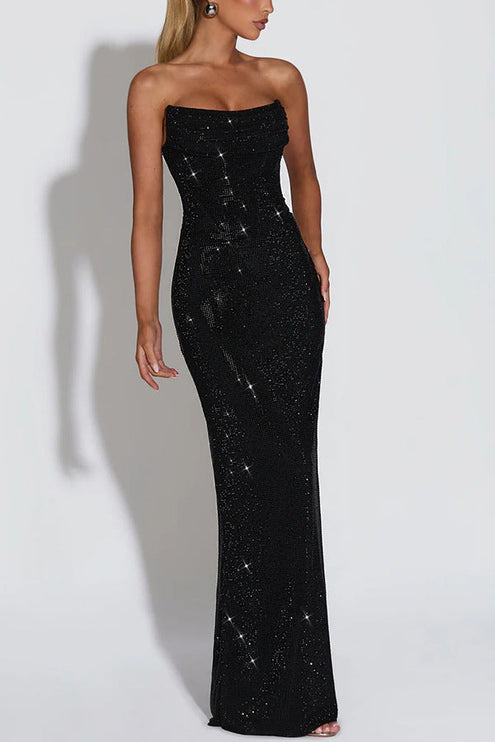 Women's Strapless Maxi Dress in Rhinestones with Cowl Neck