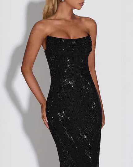 Women's Strapless Maxi Dress in Rhinestones with Cowl Neck