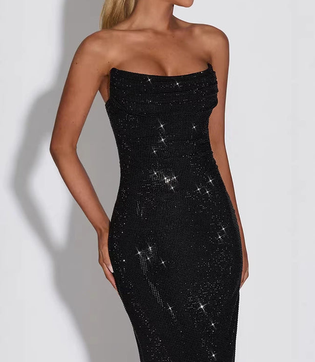 Women's Strapless Maxi Dress in Rhinestones with Cowl Neck