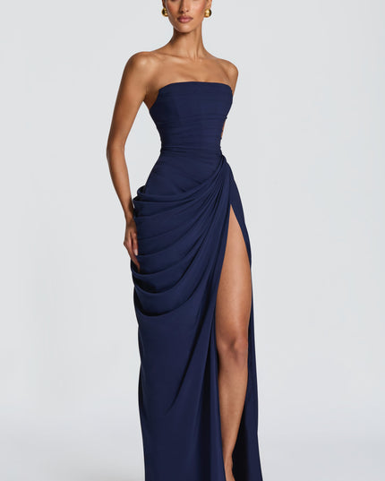Women's Strapless Satin Corset Cocktail Maxi Dress with Split