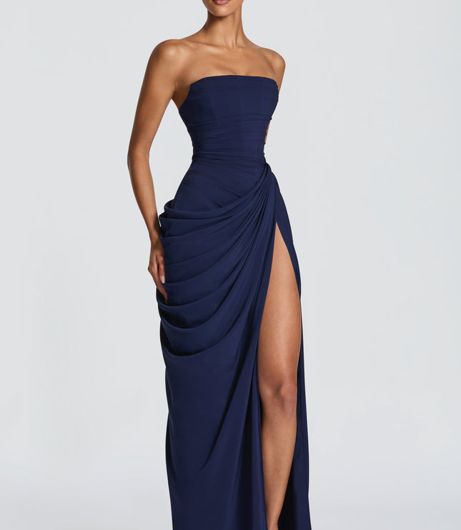 Women's Strapless Satin Corset Cocktail Maxi Dress with Split