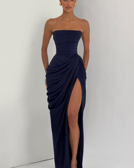 Women's Strapless Satin Corset Cocktail Maxi Dress with Split