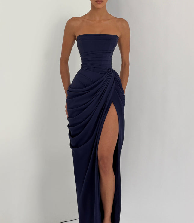 Women's Strapless Satin Corset Cocktail Maxi Dress with Split