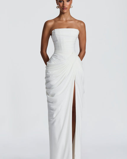 Women's Strapless Satin Corset Cocktail Maxi Dress with Split