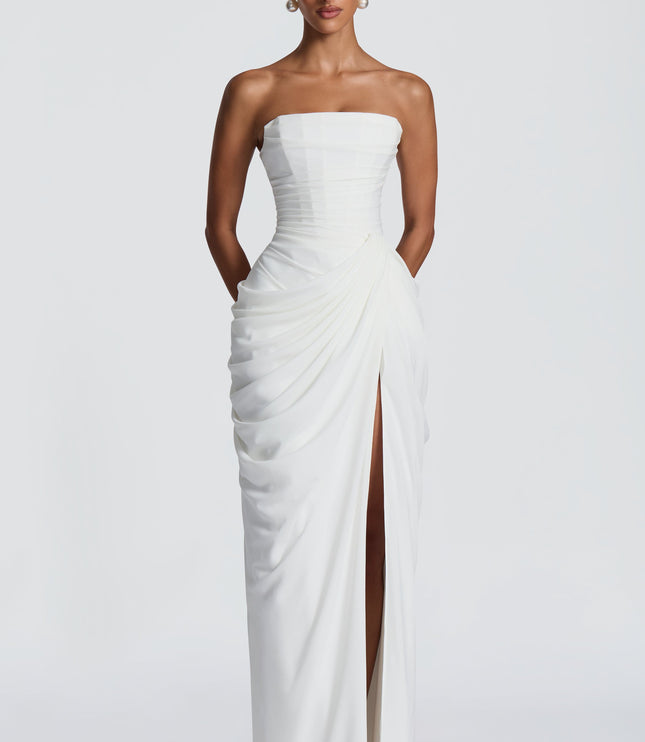 Women's Strapless Satin Corset Cocktail Maxi Dress with Split