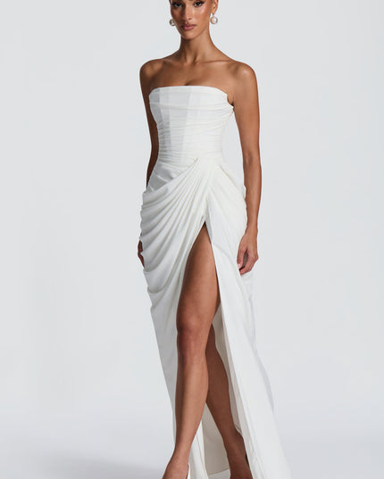 Women's Strapless Satin Corset Cocktail Maxi Dress with Split