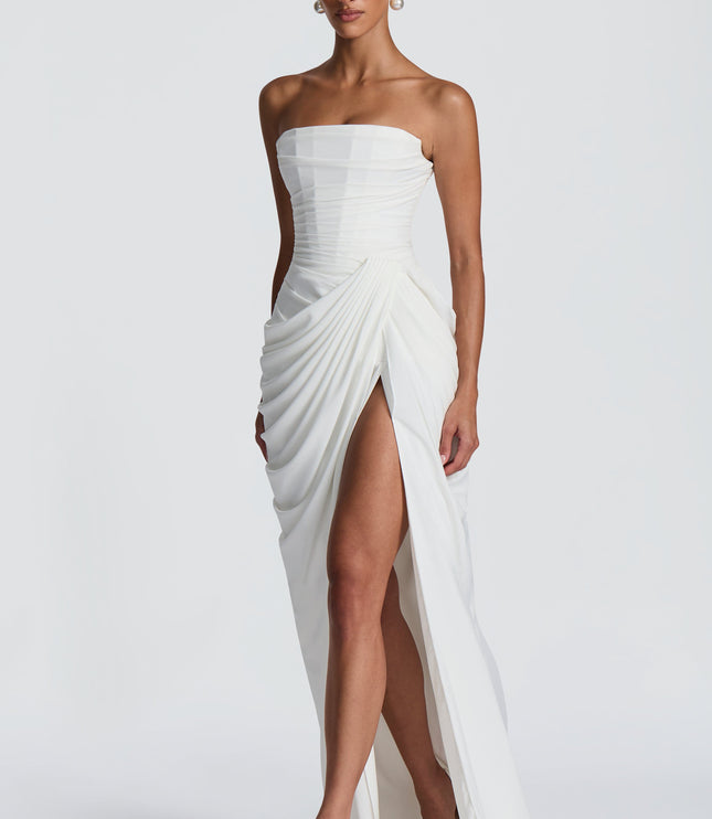 Women's Strapless Satin Corset Cocktail Maxi Dress with Split