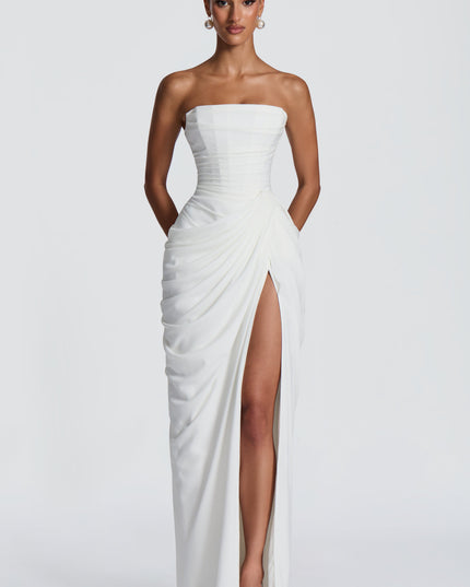 Women's Strapless Satin Corset Cocktail Maxi Dress with Split
