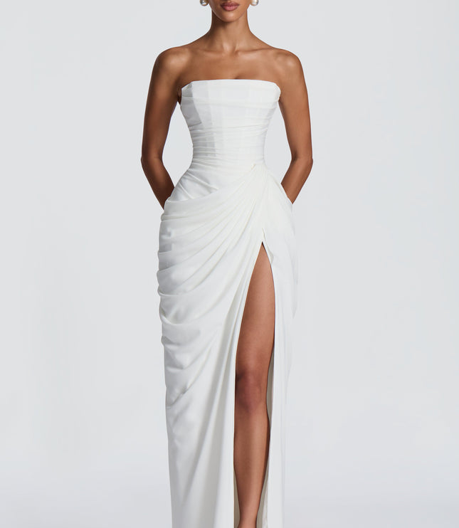 Women's Strapless Satin Corset Cocktail Maxi Dress with Split