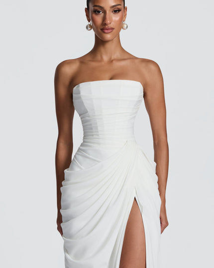 Women's Strapless Satin Corset Cocktail Maxi Dress with Split