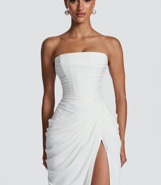 Women's Strapless Satin Corset Cocktail Maxi Dress with Split