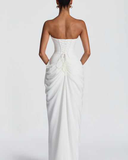 Women's Strapless Satin Corset Cocktail Maxi Dress with Split