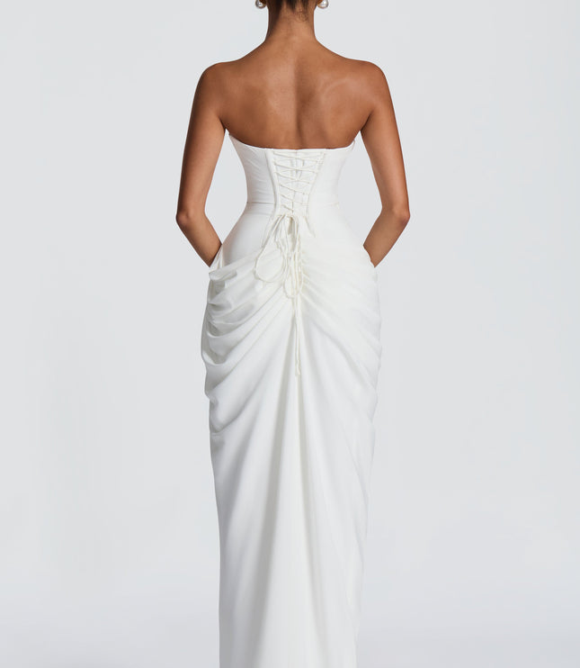 Women's Strapless Satin Corset Cocktail Maxi Dress with Split